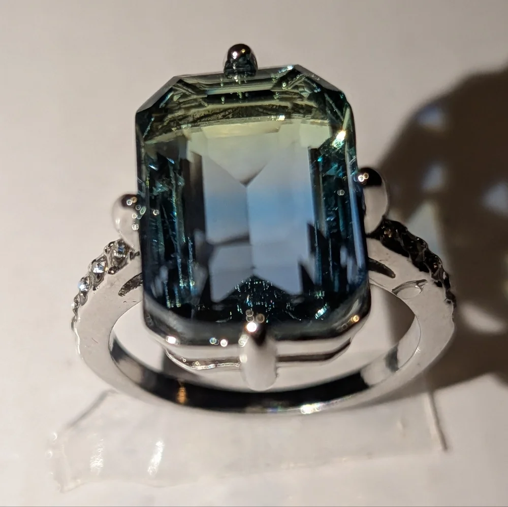 Blue/Green Tourmaline Ring, 14K White Gold Plated Double Color Gemstone Sz 6